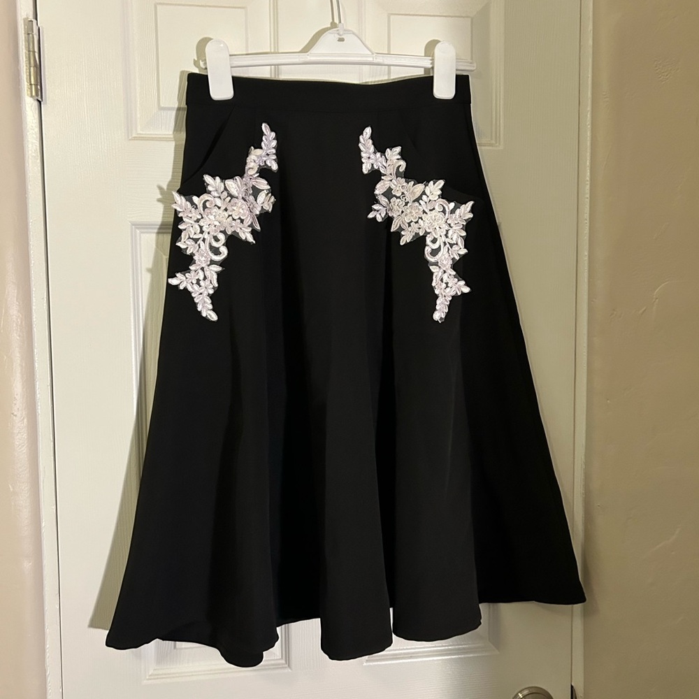 Unique Vintage Black A-Line Skirt with White Embroidery size 6/8